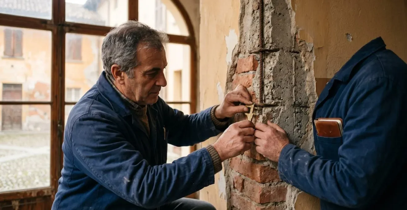 Saggio murario su parete di edificio italiano anni '50 con sezione esposta