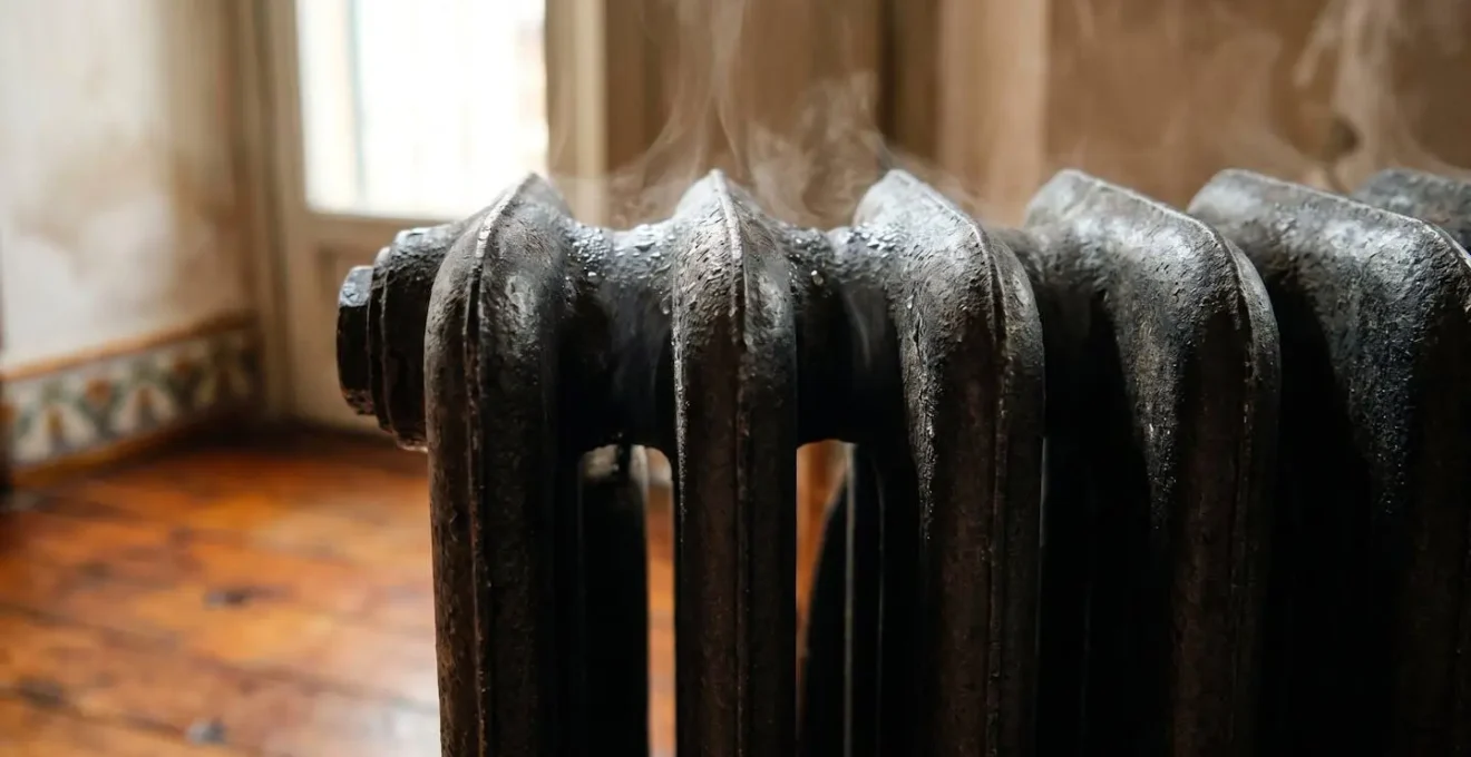 Termosifone in ghisa tradizionale riscaldato efficacemente da sistema ibrido in abitazione italiana