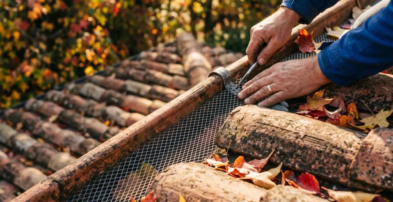 Sistema di protezione parafoglie installato su grondaia con vegetazione autunnale