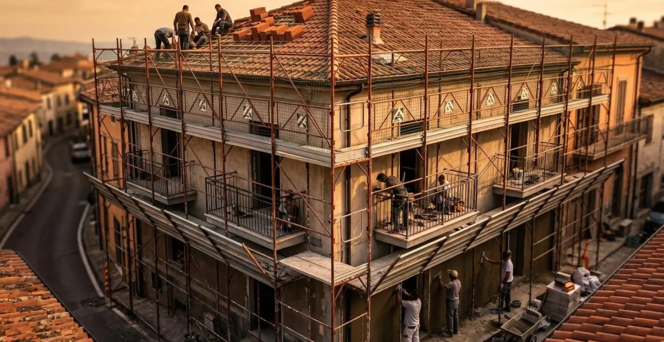 Vista aerea di un condominio con ponteggi utilizzati simultaneamente per diversi lavori di ristrutturazione sulla facciata e sul tetto.