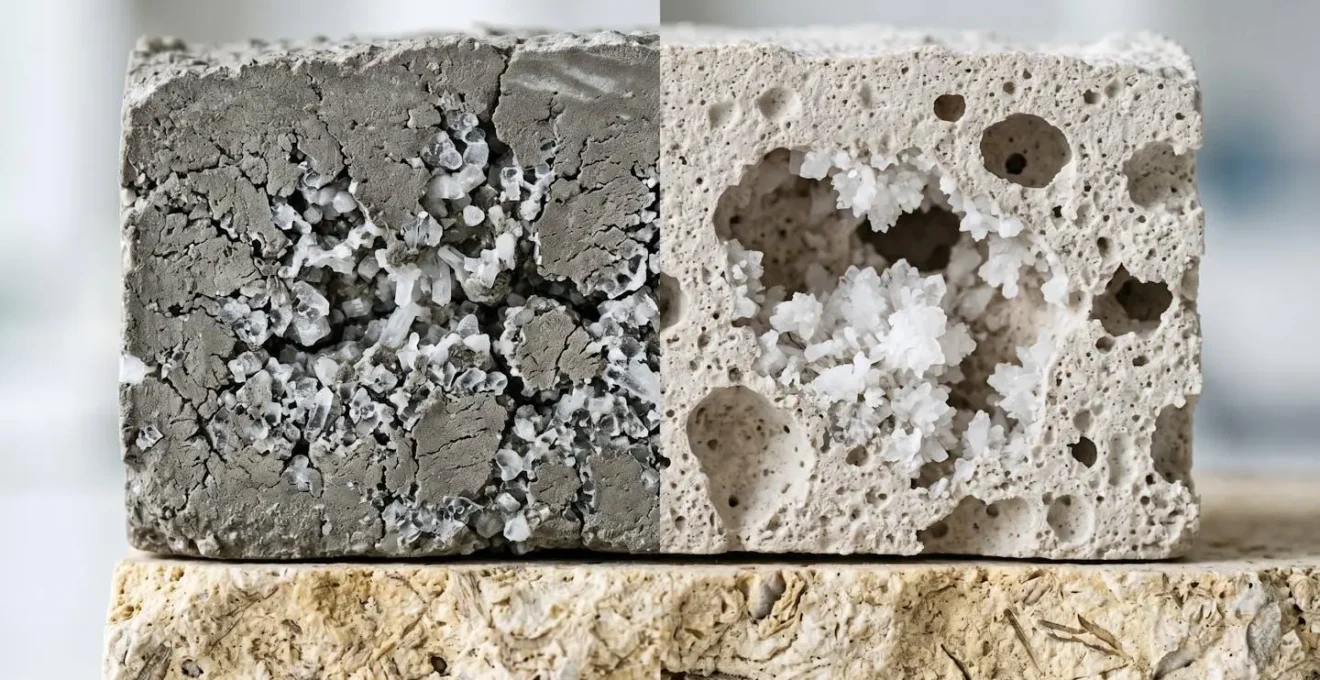 Confronto microscopico tra struttura porosa intonaco cementizio e macroporoso
