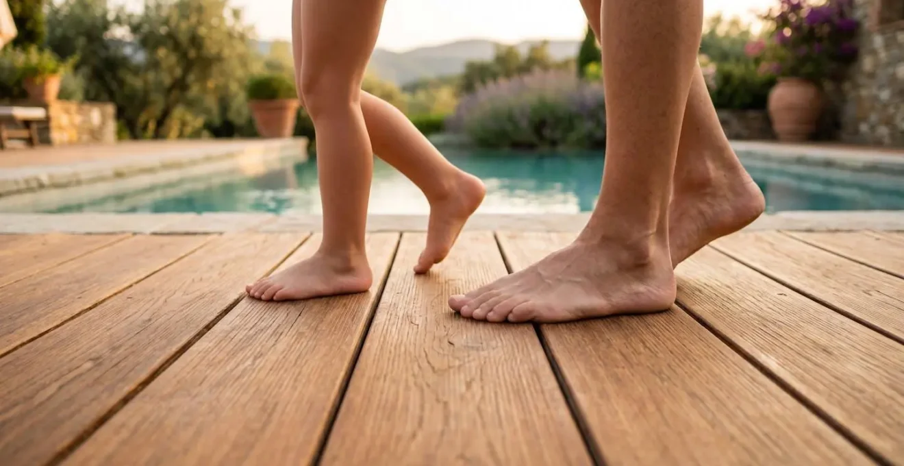 Piedi nudi su decking in legno con superficie spazzolata sicura