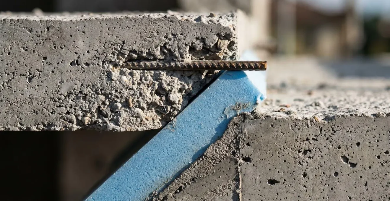 Dettaglio tecnico del taglio termico di un balcone con inserimento di materiale isolante