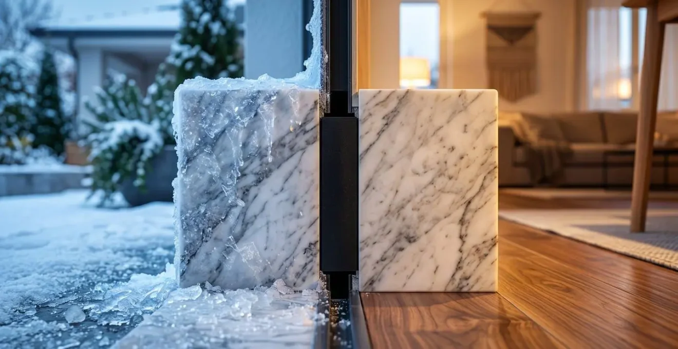 Sezione tecnica del taglio termico su soglia in marmo con materiale isolante