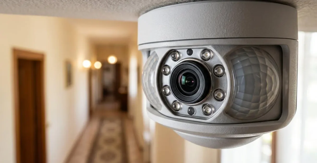 Primo piano di un sensore PIR-Cam moderno con telecamera integrata montato in un corridoio domestico