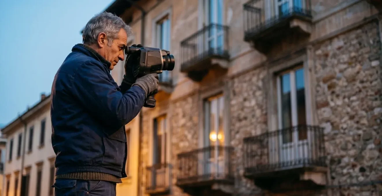 Tecnico che esegue una diagnosi termografica su edificio residenziale italiano