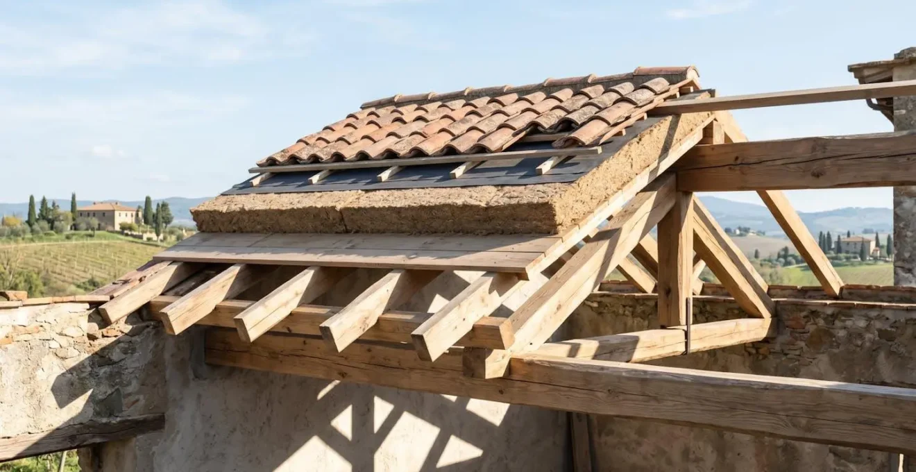 Sezione di tetto ventilato in legno con isolamento naturale visibile