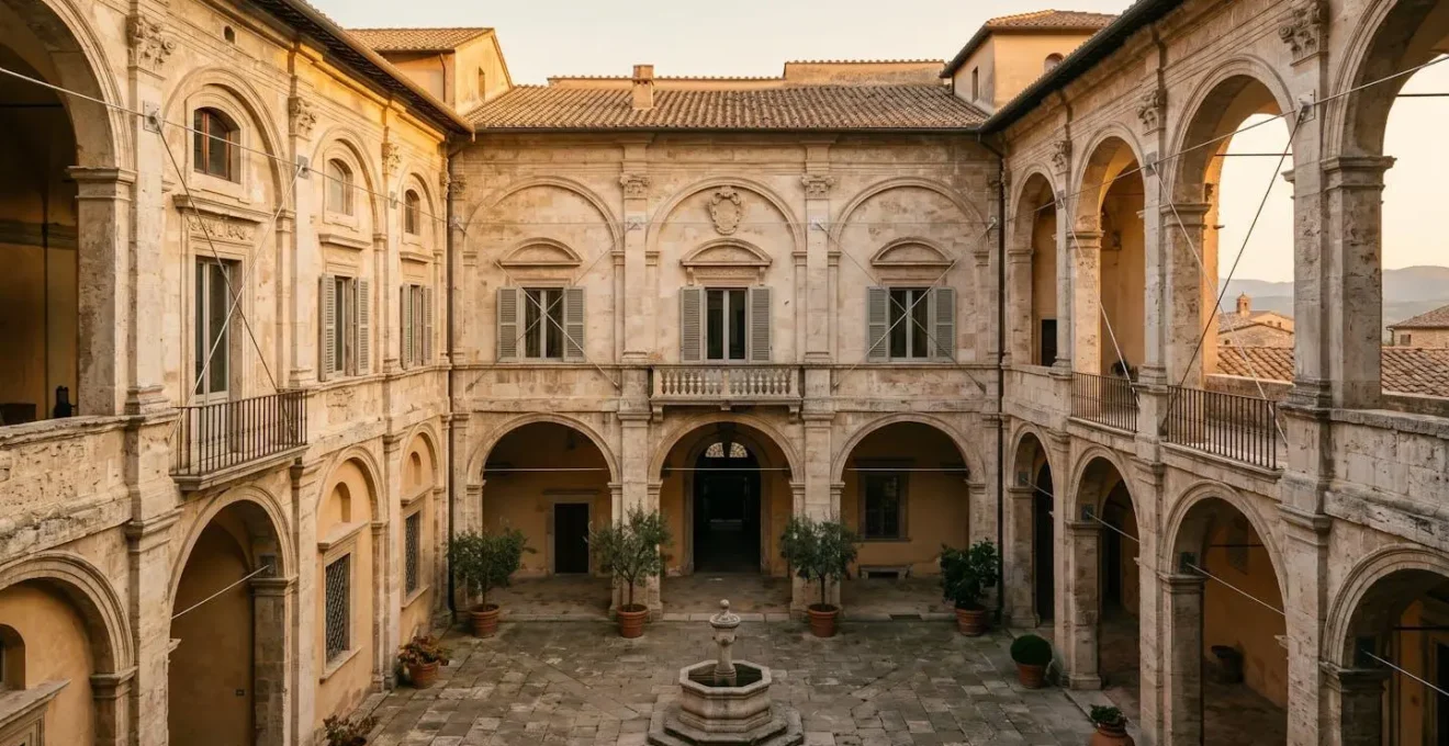 Vista ampia di un palazzo storico italiano con tiranti in acciaio inox installati per rinforzo sismico